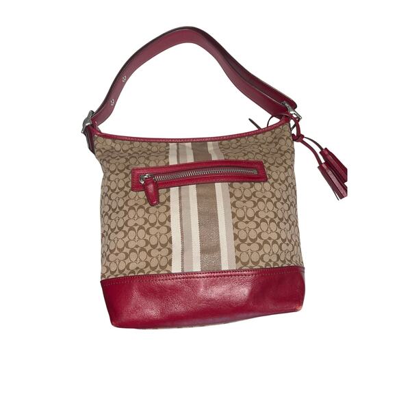 Coach Legacy Signature Striped Tan/Red Duffle AUTHENTIC Crossbody & Shoulder Bag - Picture 6 of 13
